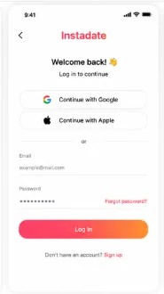 Instadate app sign-in and welcome screen